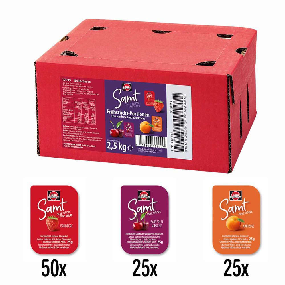 SCHWARTAU Samt Erdbeere, Aprikose, Sauerkirsche, Schwarzkirsche Konfitüre, 100 St. | office discount